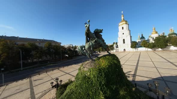 FPV Drone Footage of Fly Over Bohdan Khmelnytsky Monument on Sofiyivska Square at Kyiv
