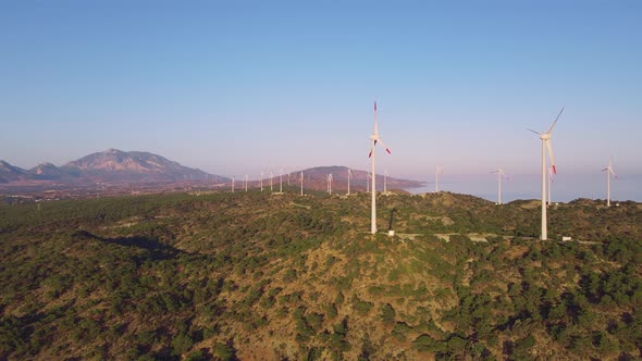 Wind Turbines in Windless Conditions in Wind Power Farm alt