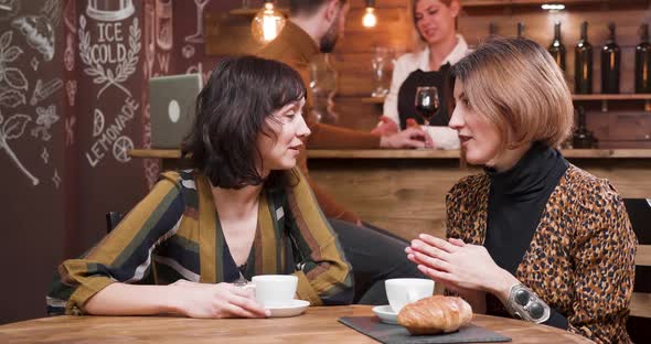 Two Women Having a Pleasant Conversation in a Nice Coffee Shop alt