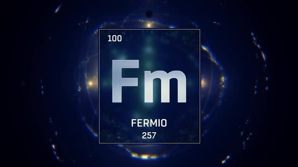 Fermium as Element 100 of the Periodic Table on Blue Background in Spanish Language