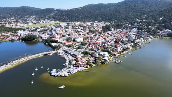 Aerial drone view of downtown in lagoon near mountains and beaches florianópolis alt