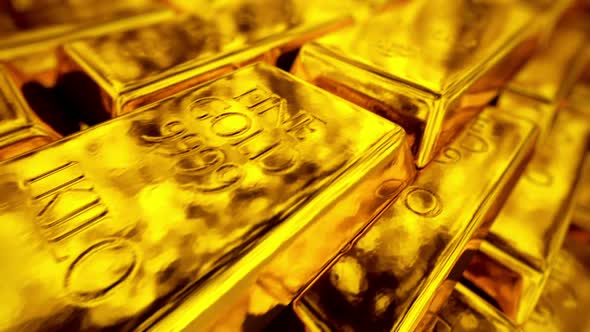 Infinite stack of fortune-worth golden ingots. Side view. Loopable animation. HD alt