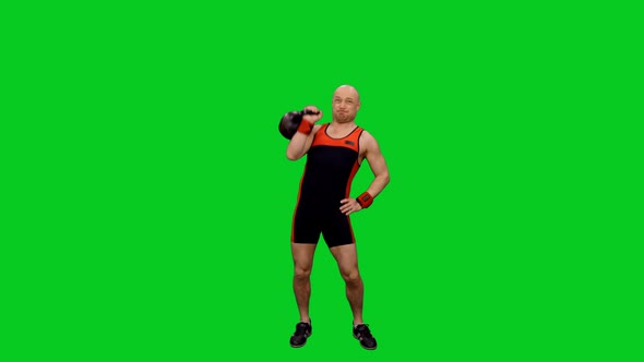 Sportsman Doing Single Arm Kettlebell Push-Press against Green Screen