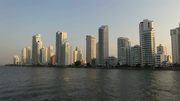 Beautiful Sunset in Cartagena Colombia Near Modern Skyscrapers Business Apartments Hotels
