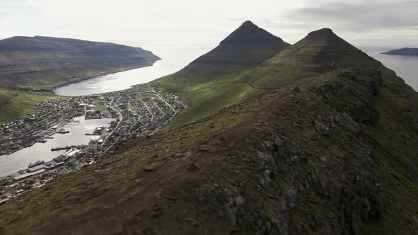 Drone Over Klakkur Mountain With Klaksvik Town Below alt