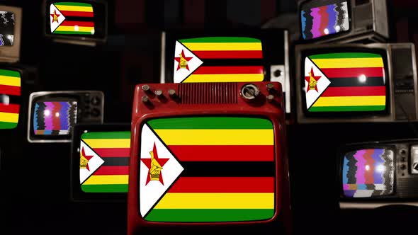 Flag of Zimbabwe on Retro TVs. 4K.