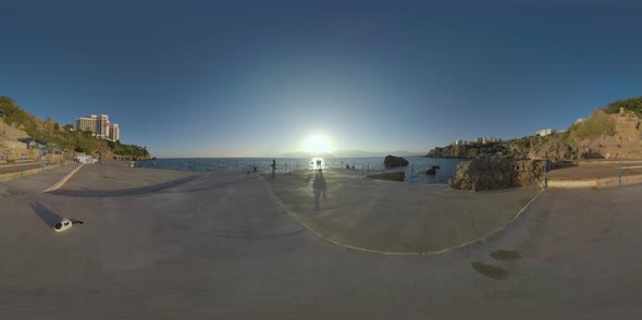 360 VR Antalya Waterfront Down the Rocky Coast. Scene with Sea, Sun and Hotel alt