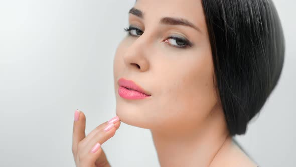 Adorable Sexy Naked Young Female Model Relaxing Enjoying Touching Perfect Fresh Skin Tilt Down alt