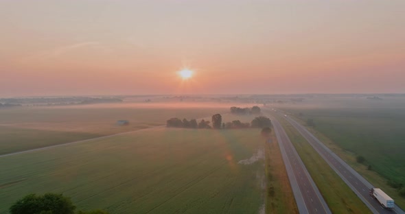 Magic Summer Morning Mist Over the Field on Countryside alt