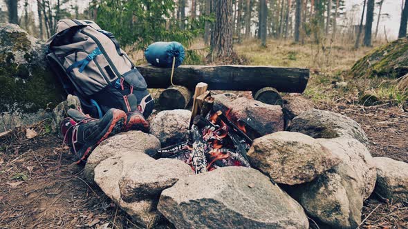 Hiking concept,rest in the woods by the fire