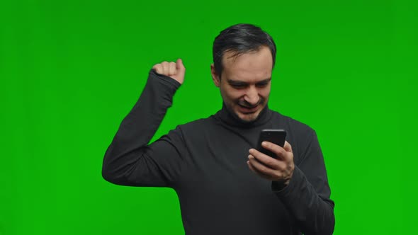 Surprised Emotional Man with Wide Opened Mouth Screaming Rejoicing at Good Message News alt