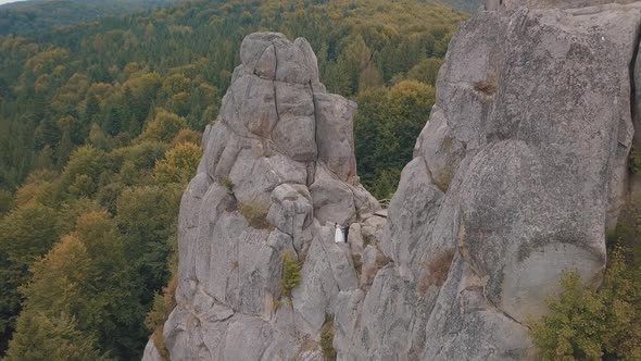 Newlyweds Stand on a High Slope of the Mountain. Groom and Bride. Aerial View alt