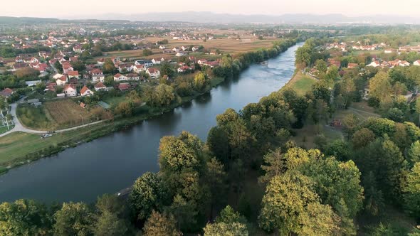 River In Mataruska Banja Serbia Houses Around Aerial Drone Shot