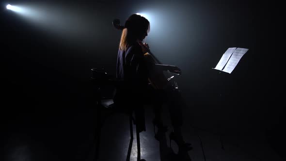 Woman Plays the Cello in a Dark Room and Looks at the Music Stand. Silhouette. Black Smoke alt