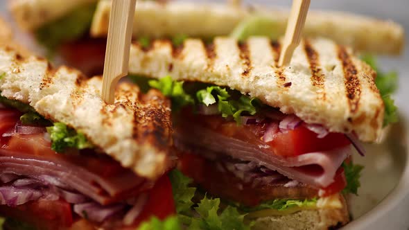 Close Up on Appetizing Fresh and Healthy Grilled Club Sandwiches with Ham and Cheese alt