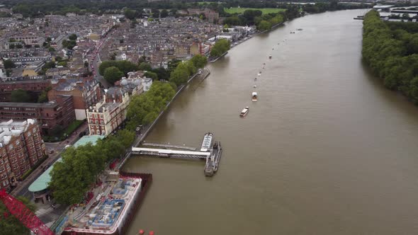 Drone View of Putney Pier on the Thames Near the Bridge