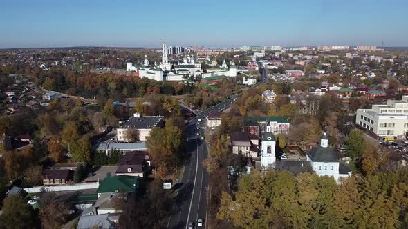 Autumn view of the Holy Trinity Lavra of St. Sergius from a bird's eye view
