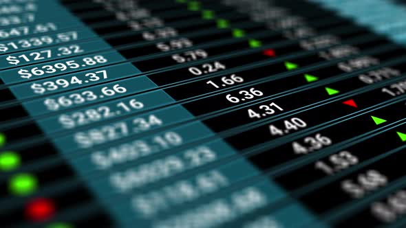 Digital Tableau of Stock Market Values, Companies Indexes Evolving, Growing and or Shrinking. alt