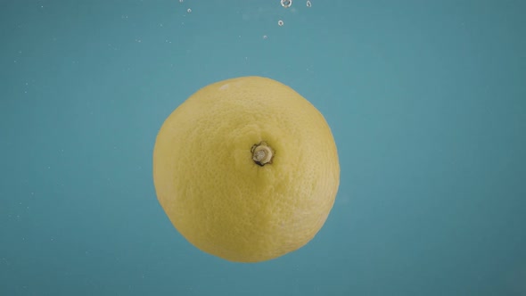 Falling Lemon Into Splashing Water on Blue Background alt