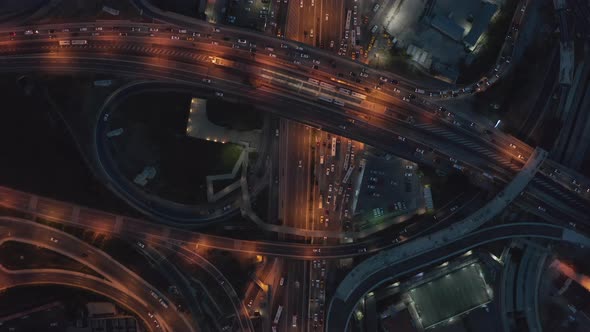 Aerial Establishing Shot of Huge Freeway Intersection at Dusk in Istanbul, Birds Eye View Overhead alt