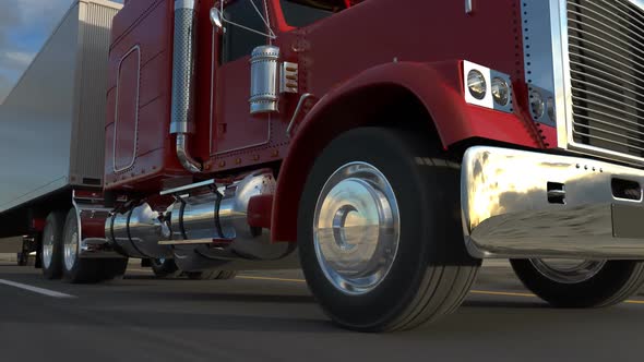 Huge semi-trailer cargo truck riding on the highway. Zoom-out animation. HD alt