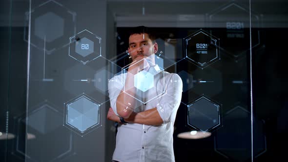 Businessman Using Glass Wall at Night Office 3 alt