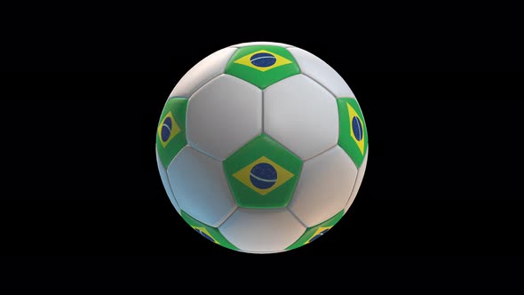 Soccer ball with flag Brazil, on black background loop alpha