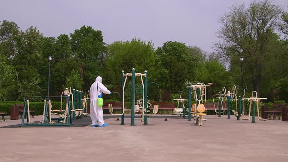 Outdoor exercise equipment, disinfection and sanitation against virus and disease. Public health.