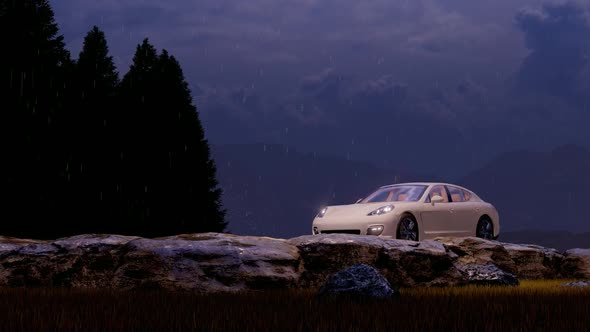 Luxury White Sports Car Driving in Mountainous and Rocky Area with Evening and Rain View