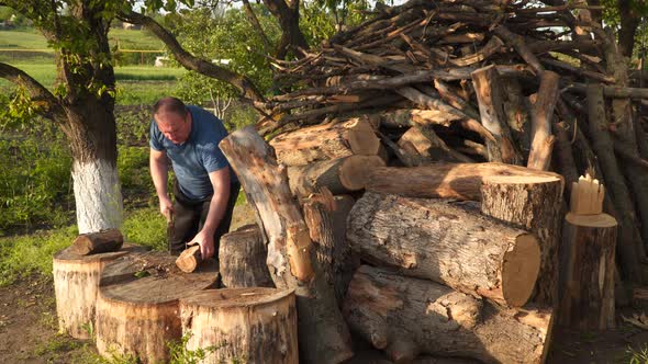 The man chops wood. Procurement of firewood