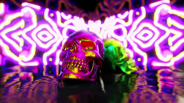 Colorful Skulls On Neon Light Background 4K
