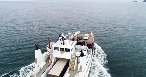 Birds eye view of a ferry traveling through the Penobscot Bay Maine alt