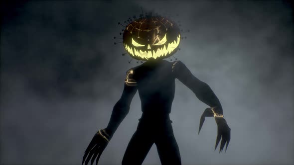 Scary Monster with a Pumpkin Head Walks in the