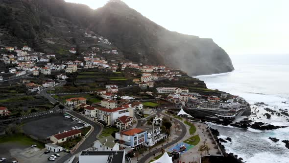 Flying Over Porto Moniz Town, Madeira island, Portugal