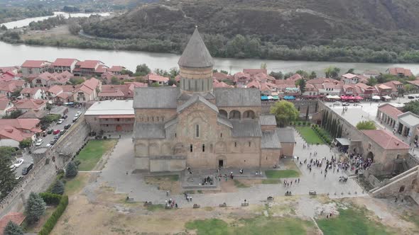 Aerial view of Svetitskhoveli Cathedral in Mtskheta, Georgia alt