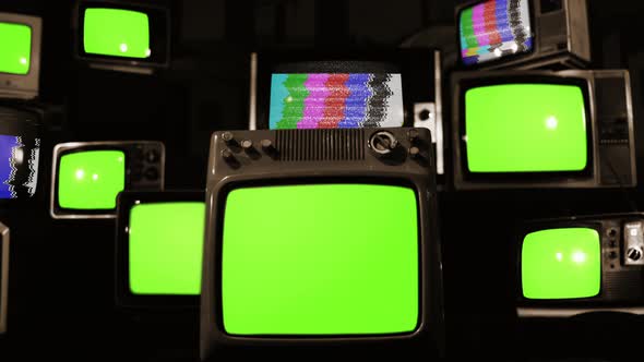Retro Televisions Turning On Green Chroma Screens with Test Signal. Sepia Tone. 4K.