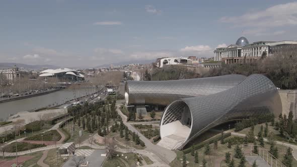Aerial view Of Concert Music Theatre Exhibition Hall In Summer Rike Park Tbilisi, Georgia alt