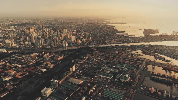 City on River Banks at Sea Bay in Sunset Aerial alt