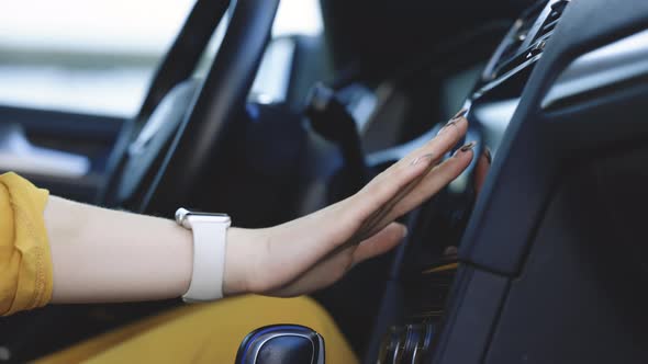 Female Woman Hand Touching Clicking Tapping Sliding Dragging and Swiping on Screen Car Monitor