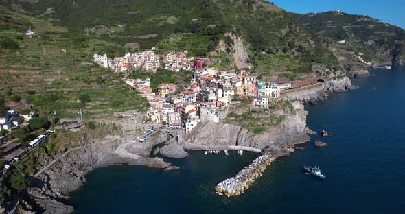 Coastal Cliffside Touristic Town of Manarola, Cinque Terre, Italy - Aerial alt
