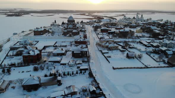 Sviyazhsk Island in Volga River at Winter Small City Village Cathedral Sunset alt