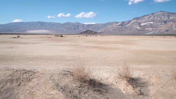 Death Valley in Mojave Desert, California with grasses and stones, Aerial dolly in shot alt