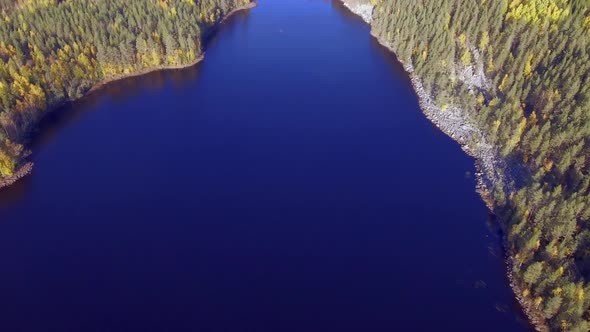 Aerial footage of a beautiful lake in the wilderness. Flock of small birds flying in the left corner alt