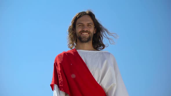 Cheerful God Jesus Laughing Into Camera From Heaven, Concept to Enjoy Life alt