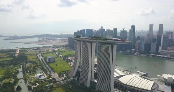 Marina Bay Sands and the Skyscrapers Are Shot From the Air By Drone Going Slowly Around the Hotel