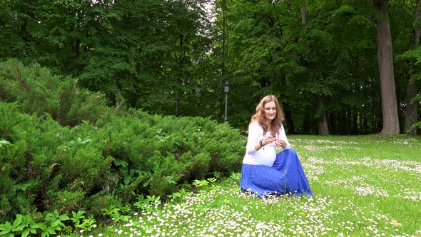 Expectant Mother Picking Daisy Flowers in Park Meadow