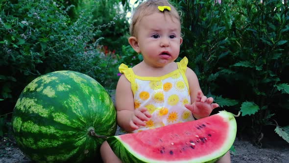 Child Girl Eats Watermelon in Summer alt