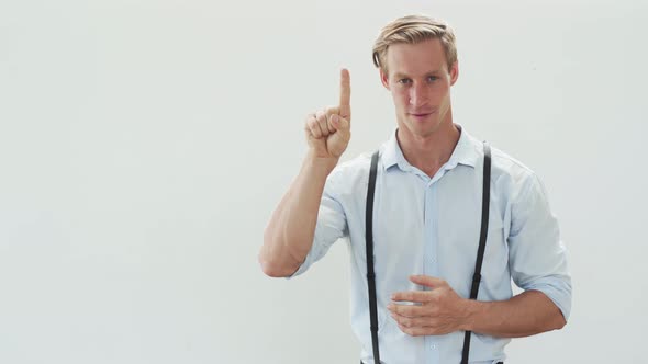 Handsome Man in Shirt Counting with Fingers From 1 to 5 on White Background alt