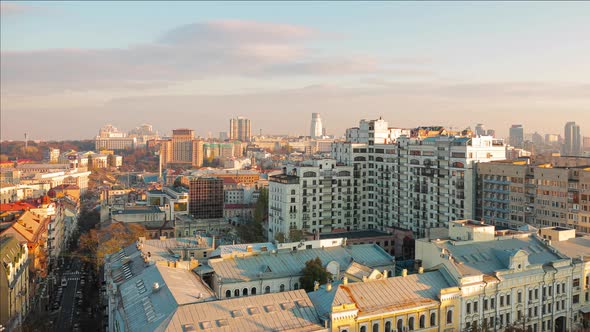 Aerial view of Kyiv city, center district, Ukraine. Panoramic cityscape, 4k time lapse