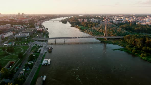 Aerial Warsaw Cityscape with Vistula River and Bridge